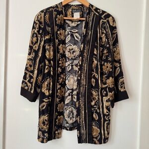 Vintage 90s Brown Kimono Jacket Sz M Floral Layer Boho‎ Artsy Earthy Rayon USA